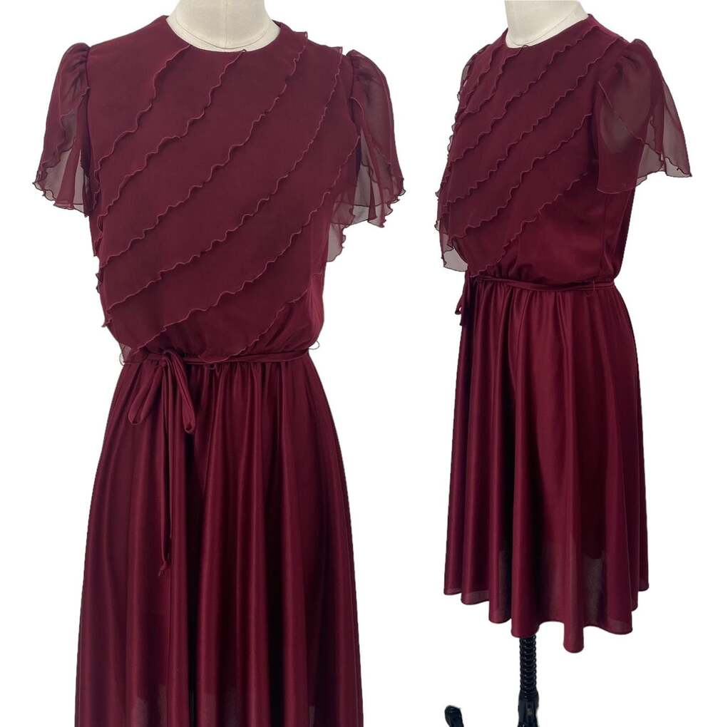 Vintage 70s Ruffled Mini Dress Flutter Sleeve Tie Waist Fit & Flare Maroon XS